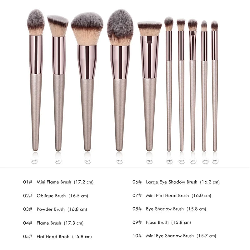 Champagne Makeup Brush Set – 10PCS for Foundation, Blush & Eyeshadow