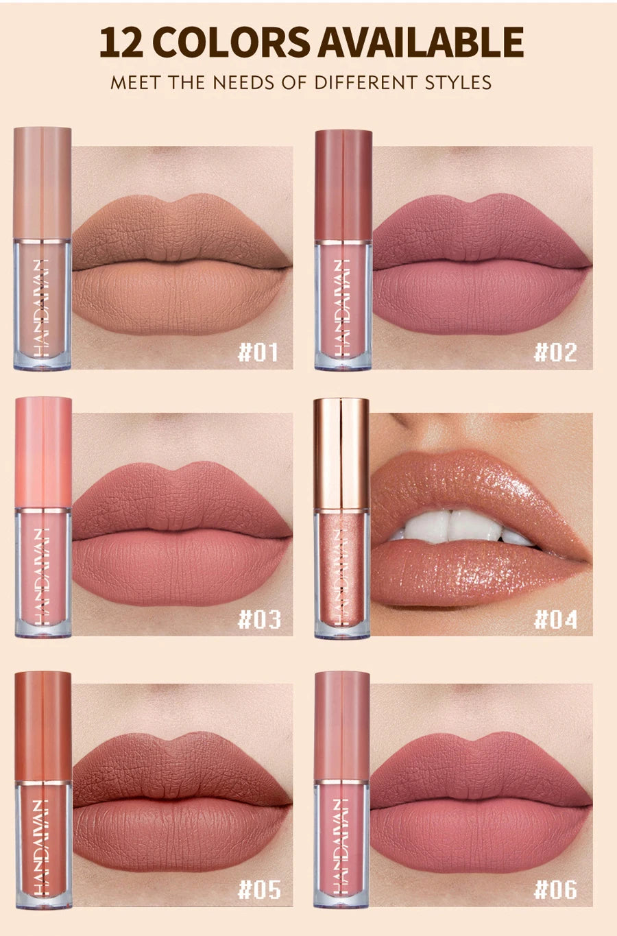 HANDAIYAN 12-Color Matte Lip Gloss Set – Velvet Liquid Lipsticks