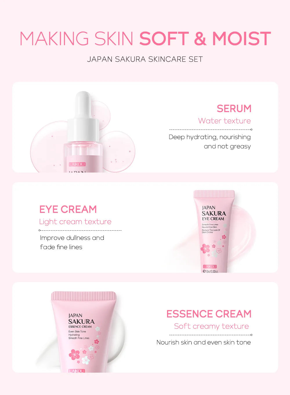 LAIKOU 3-Piece Skincare Set – Vitamin C, Sakura Snail Serum, Eye & Face Cream