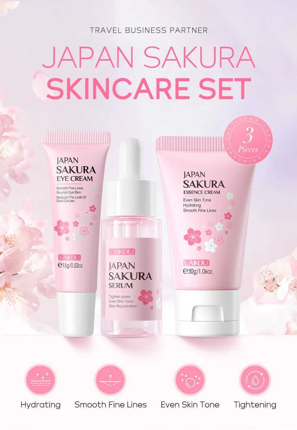 LAIKOU 3-Piece Skincare Set – Vitamin C, Sakura Snail Serum, Eye & Face Cream