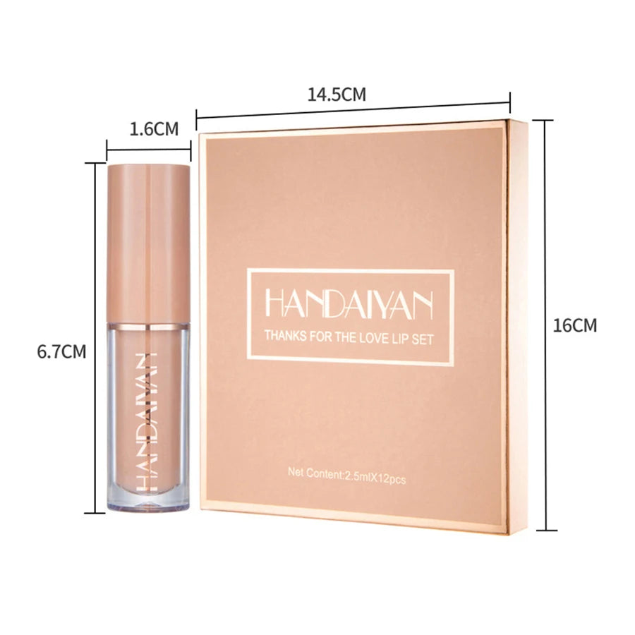 HANDAIYAN 12-Color Matte Lip Gloss Set – Velvet Liquid Lipsticks