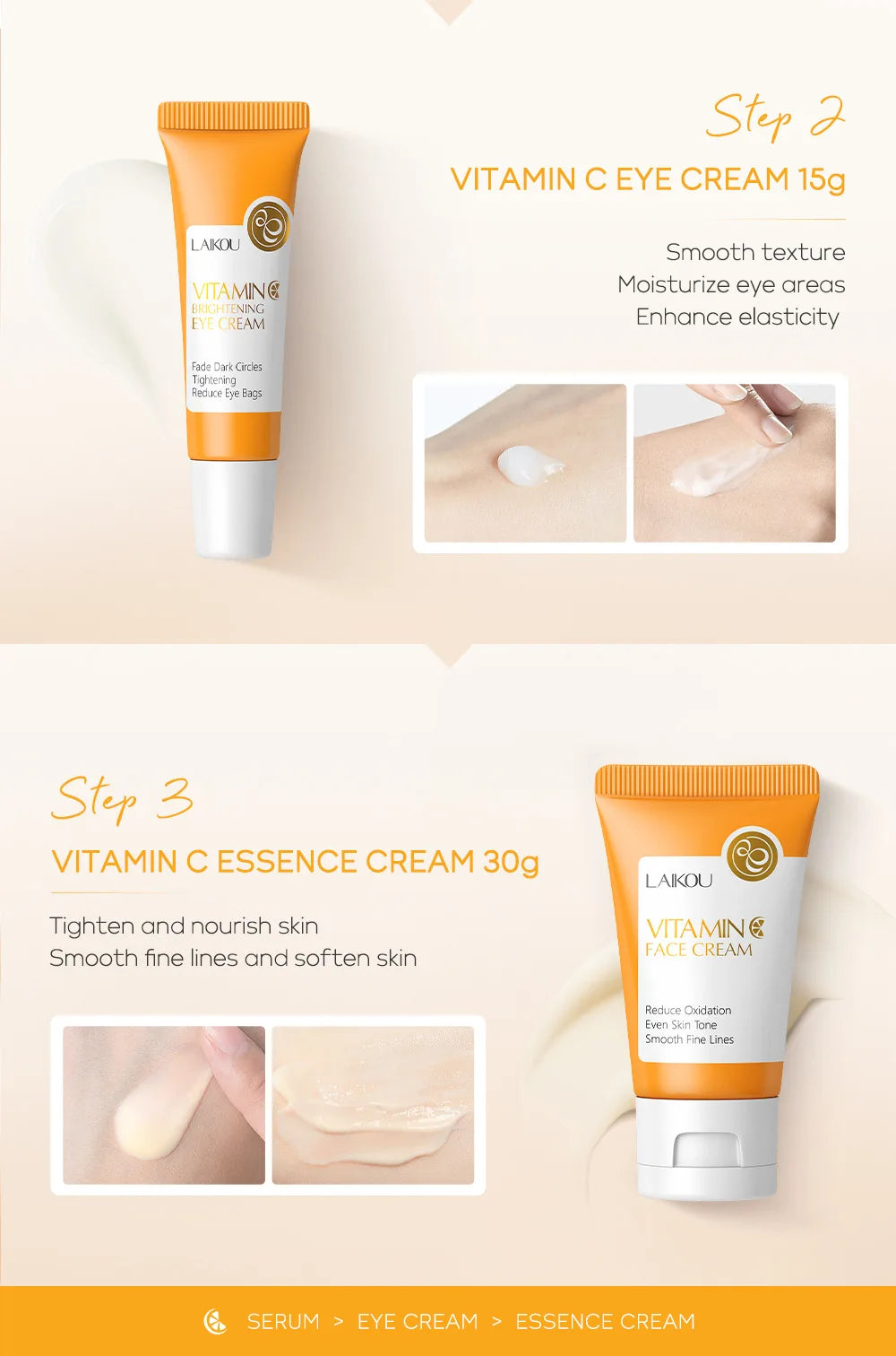 LAIKOU 3-Piece Skincare Set – Vitamin C, Sakura Snail Serum, Eye & Face Cream