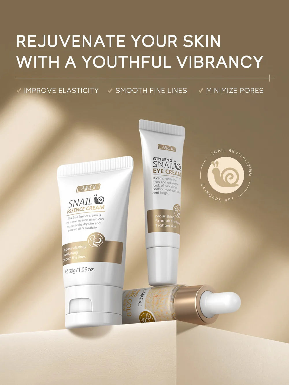 LAIKOU 3-Piece Skincare Set – Vitamin C, Sakura Snail Serum, Eye & Face Cream