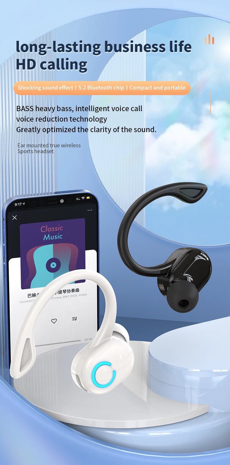 Bluetooth 5.2 Wireless Earbuds with Mic – Sports Headphones, Long Battery, Handsfree for Xiaomi & Huawei