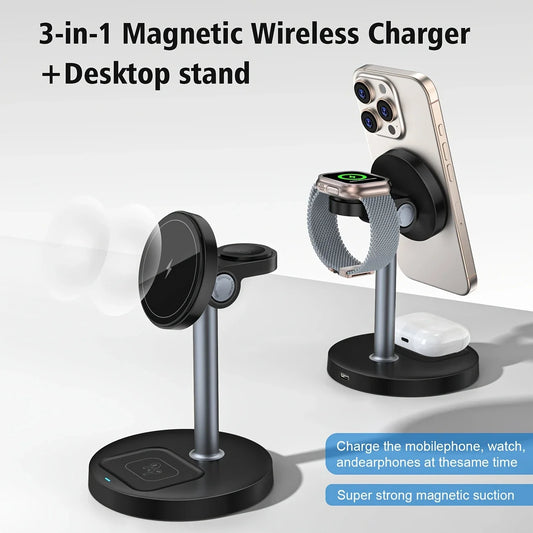 3-in-1 Magnetic Wireless Charger Stand for iPhone 13-16, iWatch 8-10, AirPods Pro