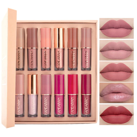 HANDAIYAN 12-Color Matte Lip Gloss Set – Velvet Liquid Lipsticks