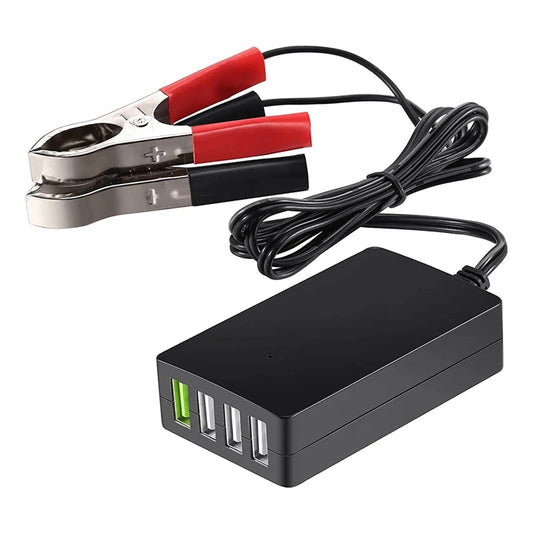 4-Port USB Car Charger with Battery Clip – 12V/24V to 5V Adapter