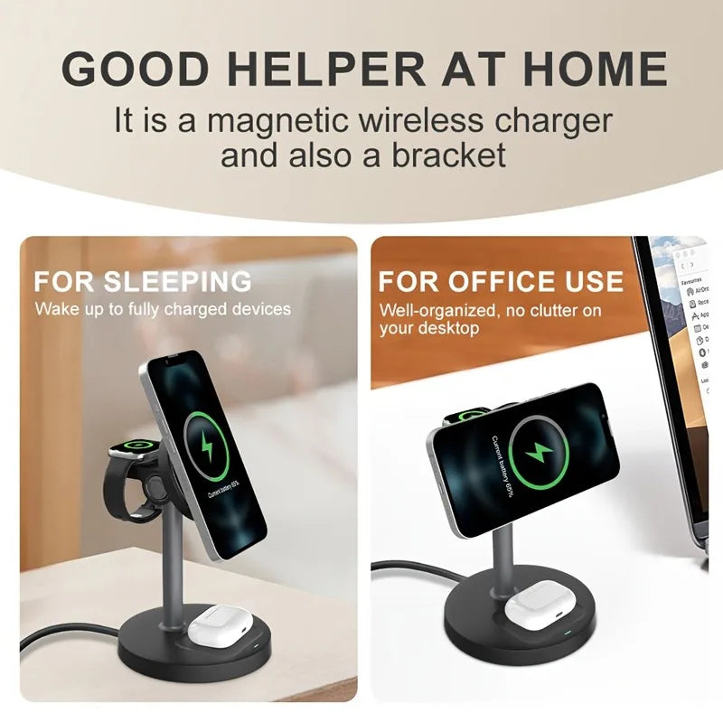 3-in-1 Magnetic Wireless Charger Stand for iPhone 13-16, iWatch 8-10, AirPods Pro