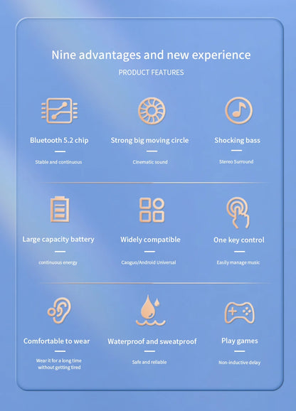 Bluetooth 5.2 Wireless Earbuds with Mic – Sports Headphones, Long Battery, Handsfree for Xiaomi & Huawei