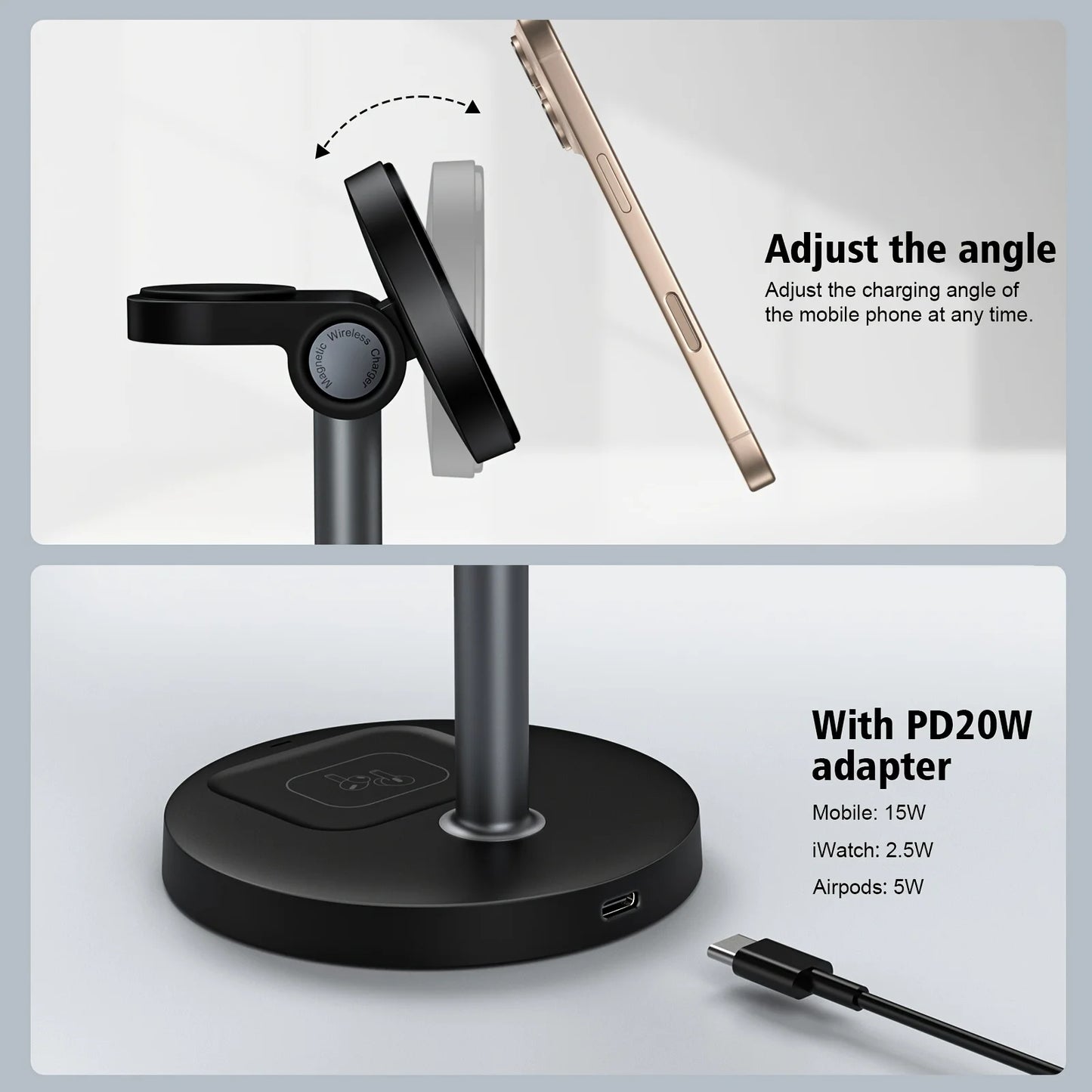 3-in-1 Magnetic Wireless Charger Stand for iPhone 13-16, iWatch 8-10, AirPods Pro