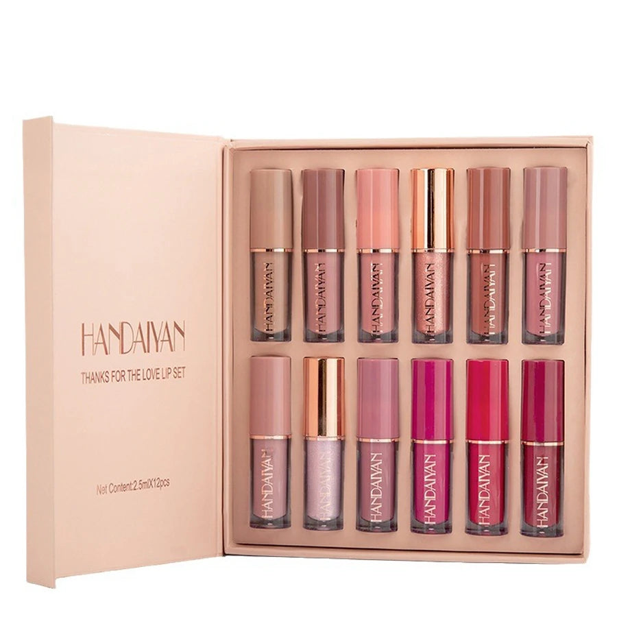 HANDAIYAN 12-Color Matte Lip Gloss Set – Velvet Liquid Lipsticks