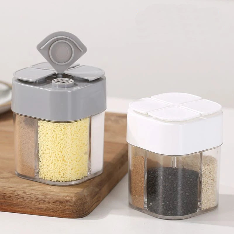 4-in-1 Transparent Spice Dispenser Jar – Multi-Compartment Seasoning Container