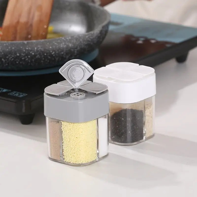 4-in-1 Transparent Spice Dispenser Jar – Multi-Compartment Seasoning Container
