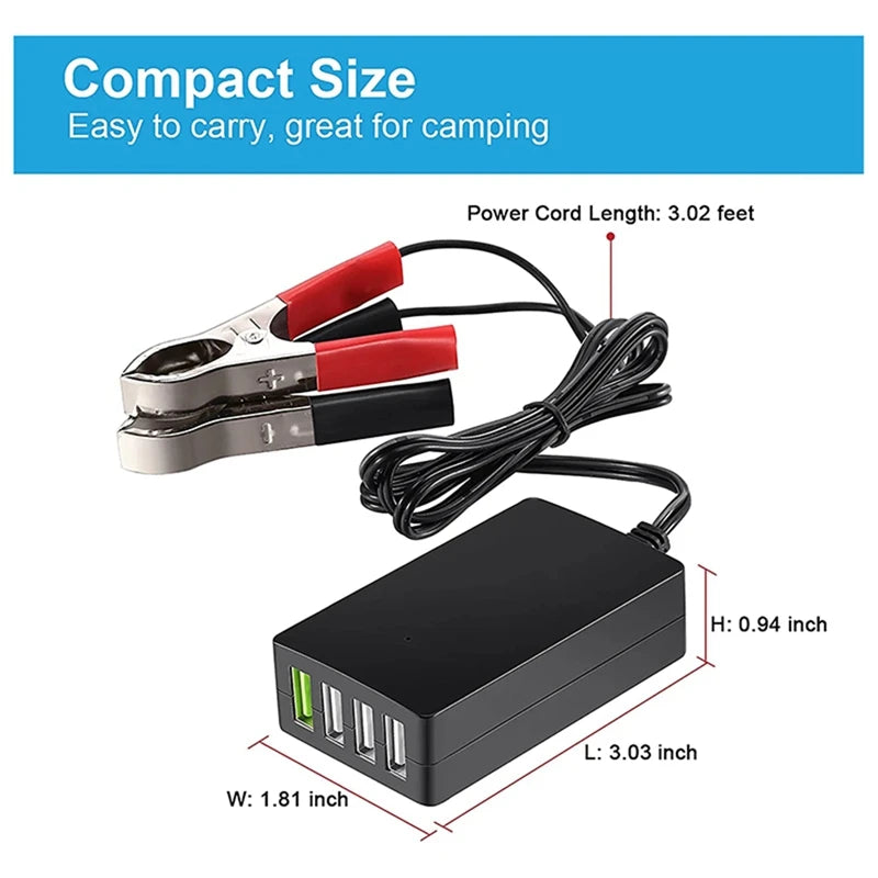 4-Port USB Car Charger with Battery Clip – 12V/24V to 5V Adapter