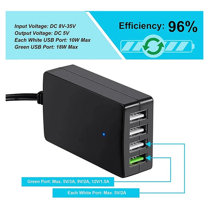 4-Port USB Car Charger with Battery Clip – 12V/24V to 5V Adapter
